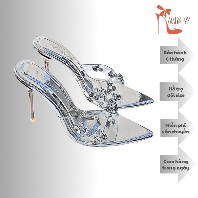 Giày cao gót nữ 9cm 409 Nika đính đá lấp lánh hottrend 2024,mũi nhọn bản vai nika trong suốt sang trọng ,đế chống trơn trược... Shoes Women Có Quai DéP Nhung Cao Su Jean giay giay big