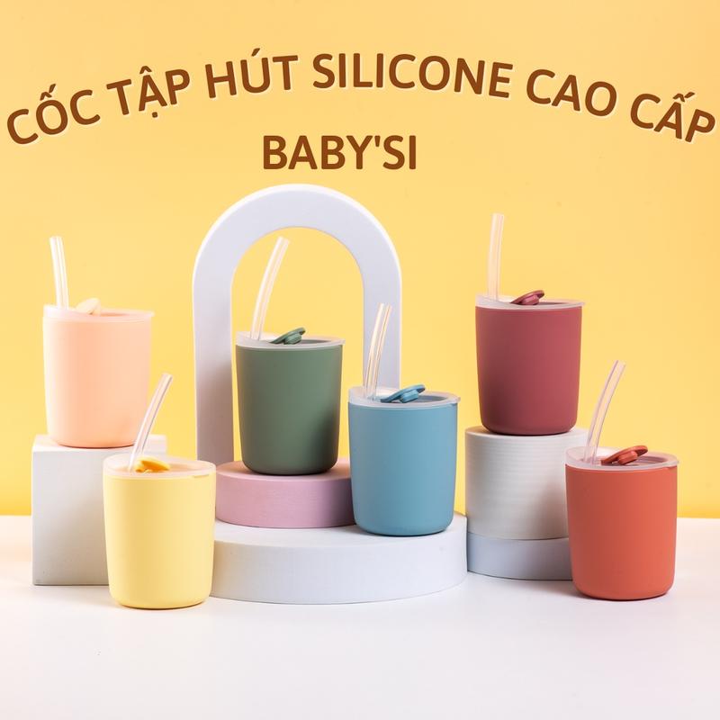 Cốc Uống Nước Silicon Cho Bé Tập Uống Nước Kèm Ống Hút Và Nắp Đậy