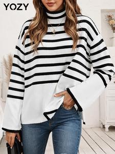 YOZY Women's Striped Print Drop Shoulder Split Hem Sweater, Casual Long Sleeve Mock Neck Jumper for Fall & Winter, Fashion Ladies' Knitwear for Daily Wear