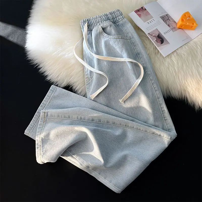 Quần Jean Ống Đứng, Dành Cho Nữ, Cạp Thun Nhỏ Ống Rộng, Dáng Rộng Vừa Vặn, Thích Hợp Cho Mùa Xuân Và Mùa Hè, Dễ Phối Đồ, Quần Cạp Cao, Thời Trang