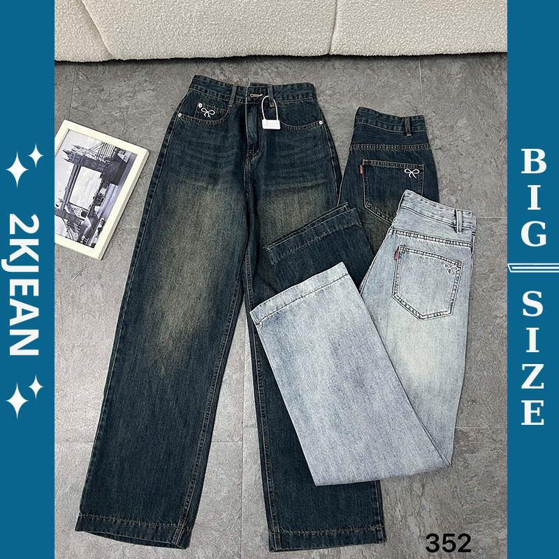 Quần ống suông rộng jean nữ Bigsize 55kg-90kg hàng QC, kiểu dáng trơn thêu nơ QC352  2KJeans