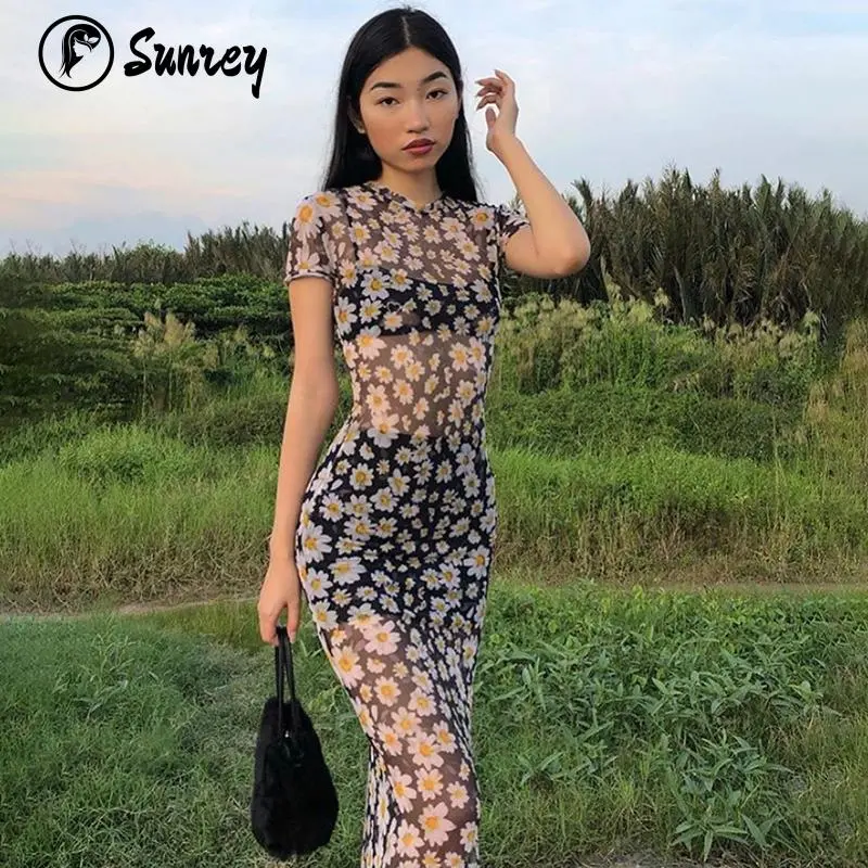 Váy Ngắn Tay Thường Ngày Dành Cho Nữ, Sunrey, In Hoa Cúc Cá Tính, Cổ Tròn, Sợi Lưới Mỏng Vừa Vặn, Váy Dài Trung Bình