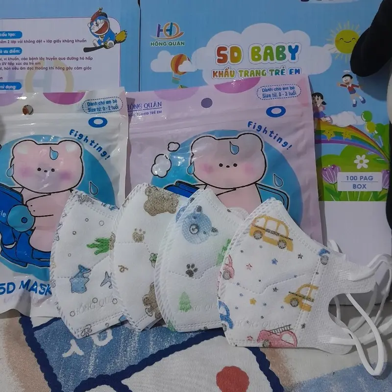 (size sơ sinh 0-2tuoi, dưới 11kg) Thùng 100 cái khẩu trang 5D cho bé 0-2 tuổi, nên dùng cho các bé từ sơ sinh đến 12 kí, khẩu trang Hồng Quân mix họa tiết đáng yêu 0