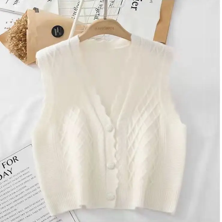 Áo Vest Dệt Kim, Hàng Mới Về Mùa Thu Của Phụ Nữ, Dáng Rộng Vừa Vặn, Phong Cách Phương Tây, Áo Len, Không Tay, Áo Ghi Lê, Áo Vest Cardigan Cổ Chữ V, Thích Hợp Cho Áo Khoác Cơ Sở 2