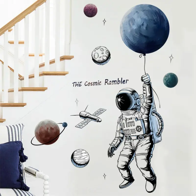Space Theme Cartoon Wall Sticker, 1 Set Self Adhesive Wall Decal, Removable DIY Wall Decor for Home Living Room Bedroom School Classroom 2