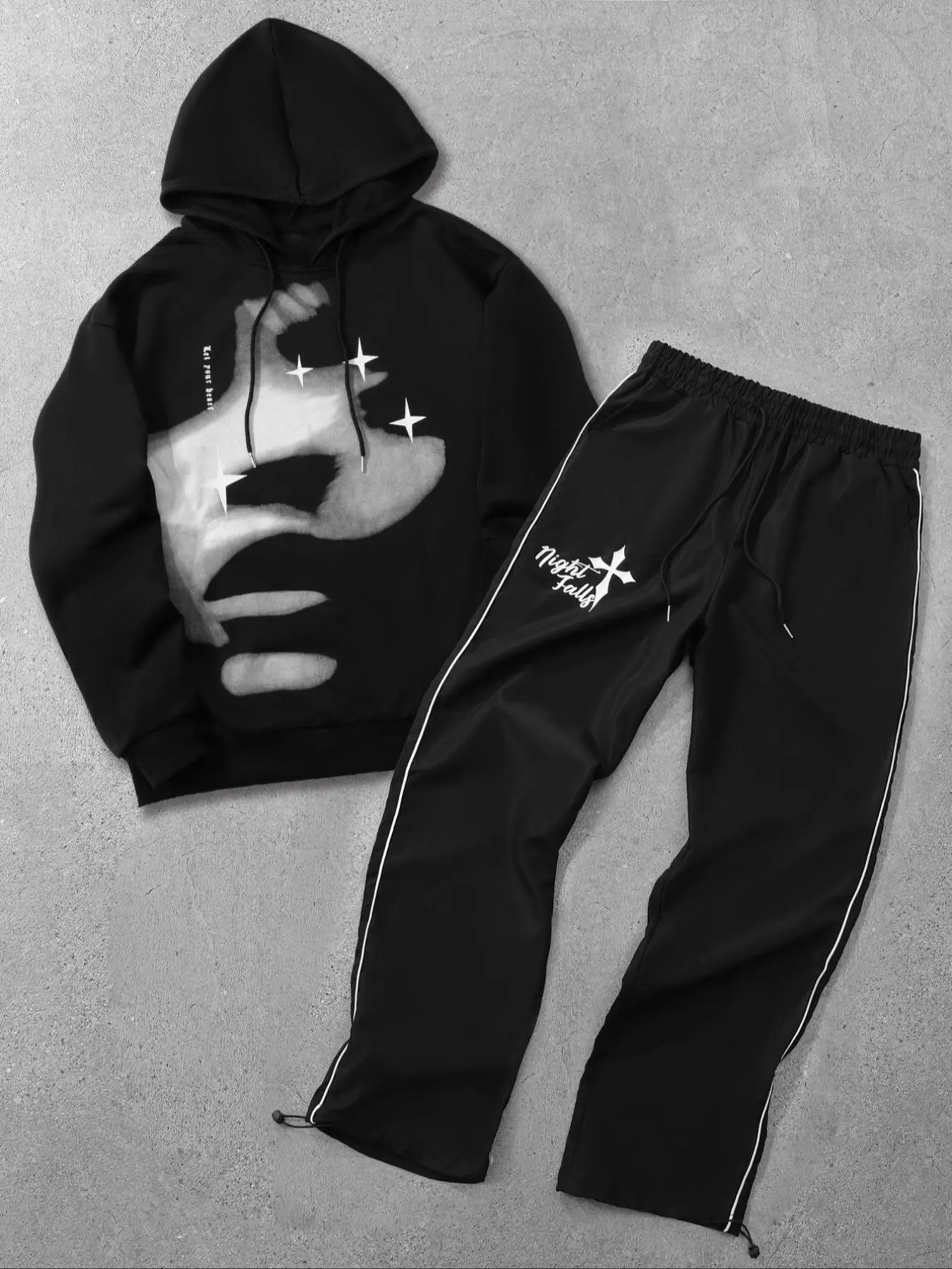 Two-Piece Set Men's Figure Print Drawstring Hoodie & Cross Graphic Elastic Waist Sweatpants, Regular Fit Casual Fashion Cozy Breathable Long Sleeve Hooded Sweatshirt & Side Stripe Jogger Pants for Daily Wear, Men Two-piece Outfits for Fall & Winter