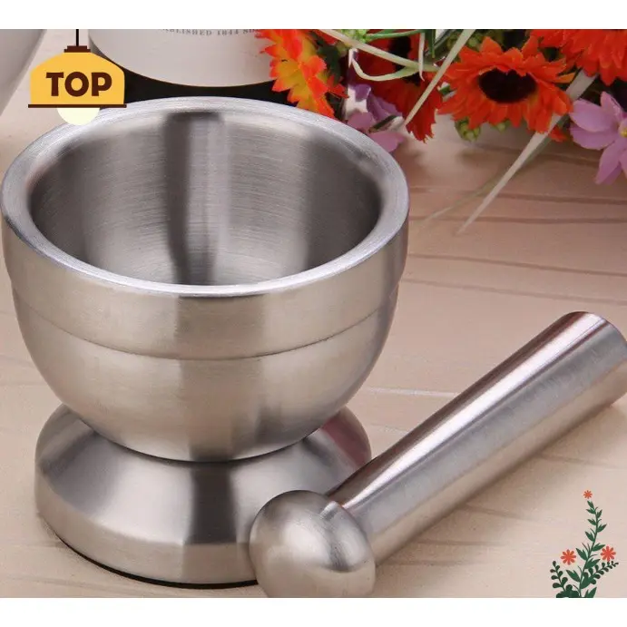 Stainless Steel Mortar and Pestle Set, Spice Grinder with Lid, Kitchen Manual Garlic Tools Smooth Utensils