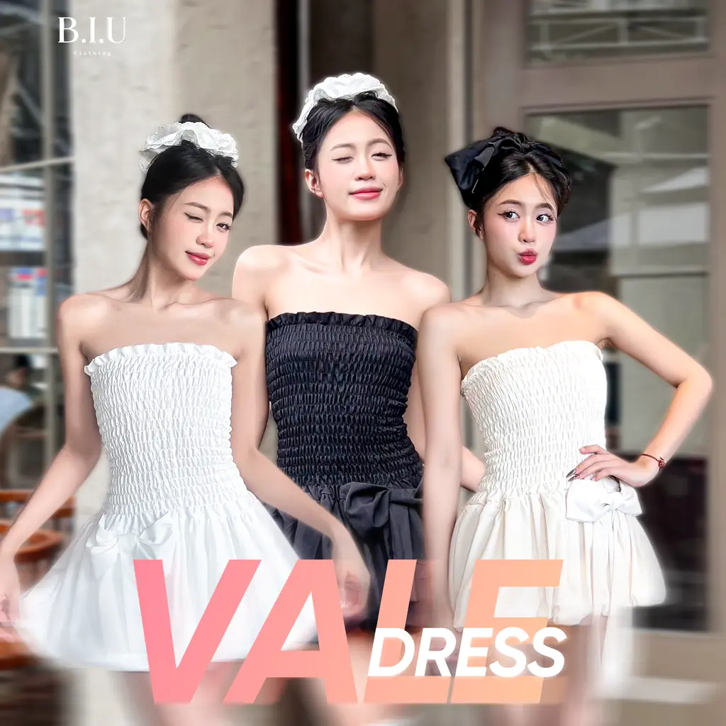 Đầm bí nhún đính nơ tùng bí bồng bềnh xinh xắn dễ thương Vale Dress Biu Clothing BB0337 Nữ Women Kem Cotton Đen