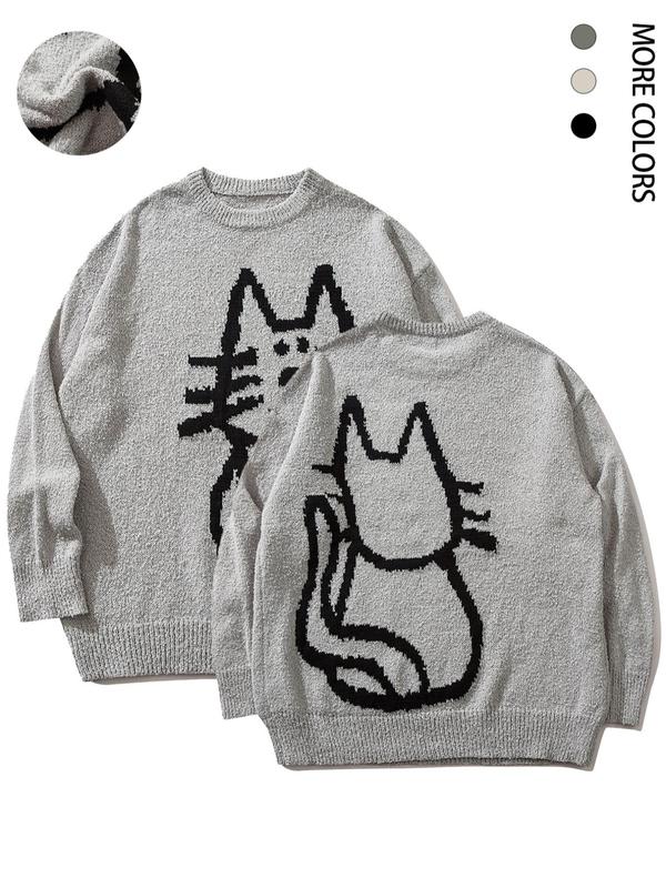 Men's Cartoon Cat Print Drop Shoulder Sweater, Loose Casual Long Sleeve Round Neck Jumper for Fall & Winter, Knitting Tops, Sweater for Women, Valentine's Day Gift for Men, Men's Knitwear for Daily Wear, Weekend Sweater 4