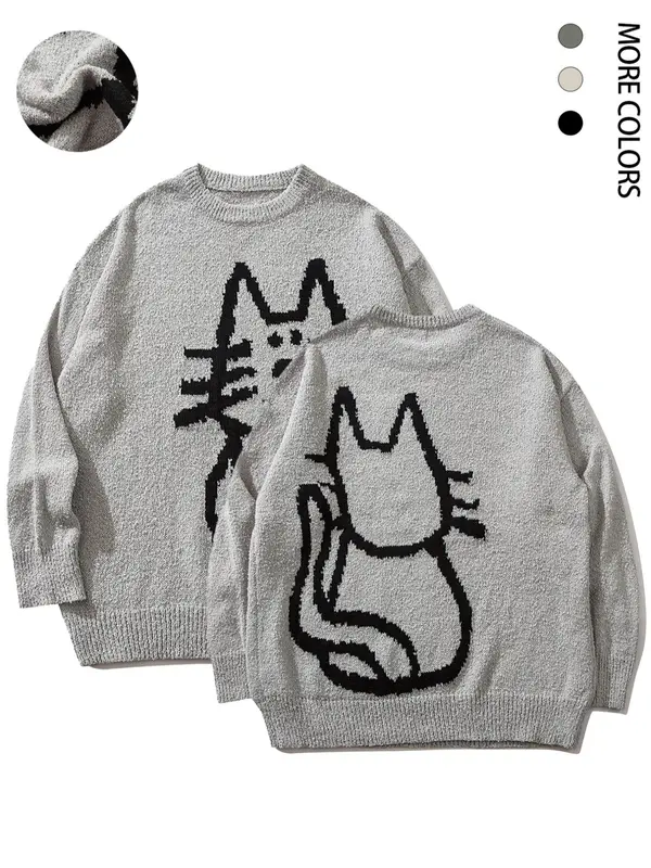 Men's Cartoon Cat Print Drop Shoulder Sweater, Loose Casual Long Sleeve Round Neck Jumper for Fall & Winter, Knitting Tops, Sweater for Women, Valentine's Day Gift for Men, Men's Knitwear for Daily Wear, Weekend Sweater 4
