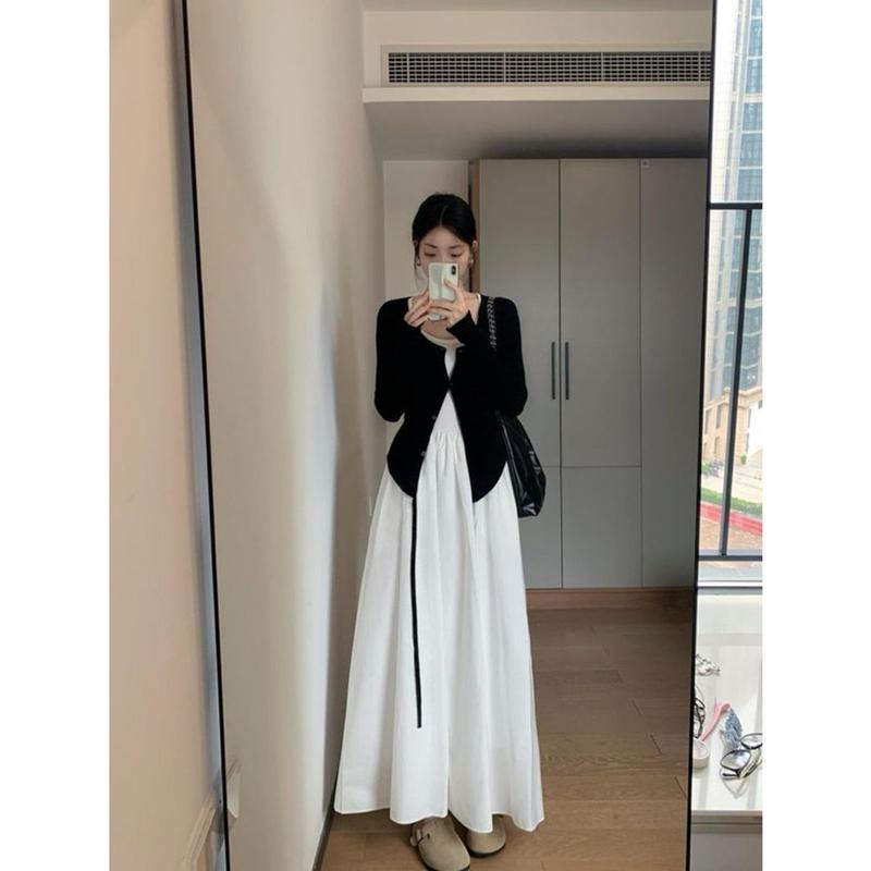 Set đầm maxi 2 dây phối áo khoác cardᶖgan lạ mắt  Set đồ nữ trắng đen tôn dáng che khuyết điểm mặc thu đông 5