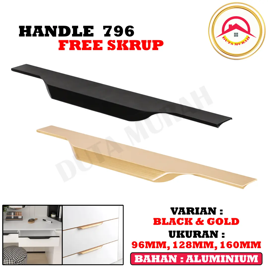 Gagang Pegangan Laci Aluminium Brushed Gold & Black Handle 796 Lemari Tepi Miring Furniture Kabinet