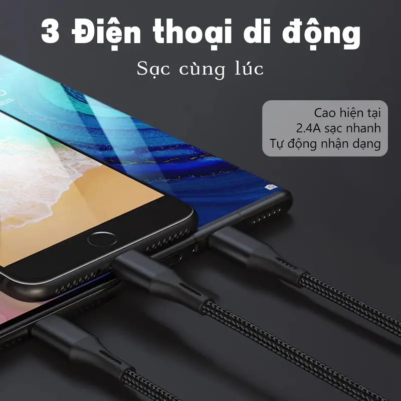 Dây cáp sạc ba trong một hỗ trợ sạc nhanh đa năng cho Android Type-C và iPhone - Usb 1