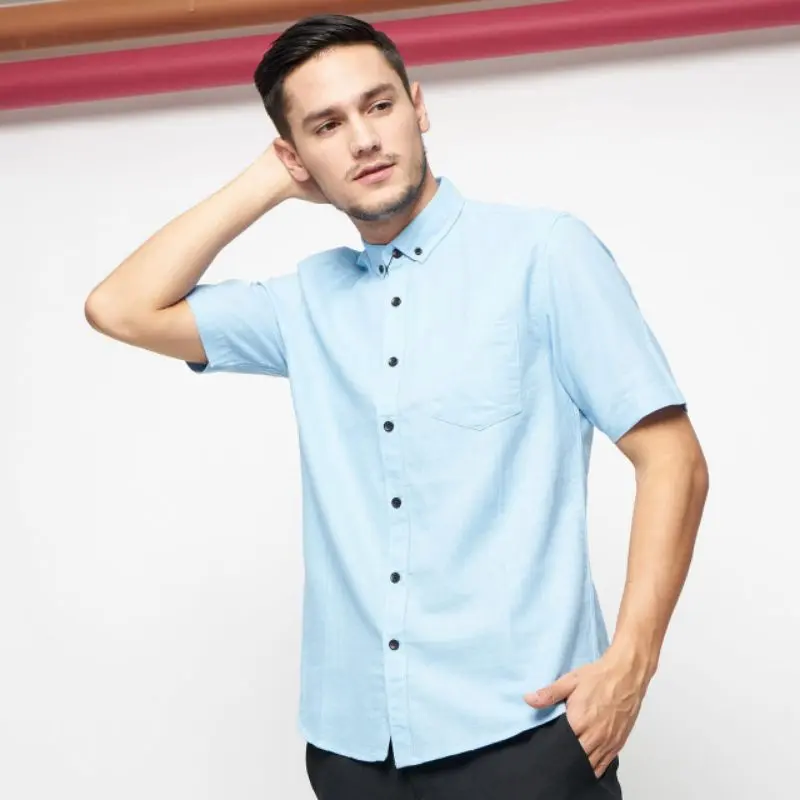 Kemeja Couple Ayah dan Anak Warna Soft Blue Biru Muda Lengan Panjang Dan Pendek Baju Dewasa Polos  Keluarga 1