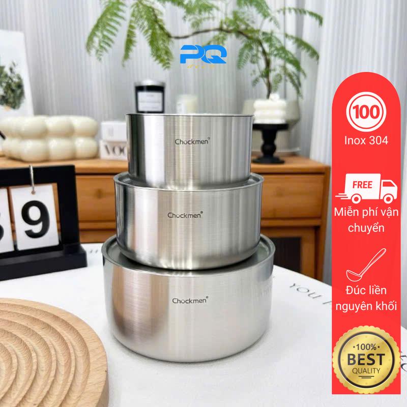 Bát chockmen ăn cơm hấp trộn đồ đáy liền bằng thép không ghỉ 18/10 có nắp