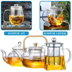 Teko Teh Kaca Borosilikat 500 950 1000 ml Tea Pot Prisma Bulat Kayu Tahan Panas dengan Saringan