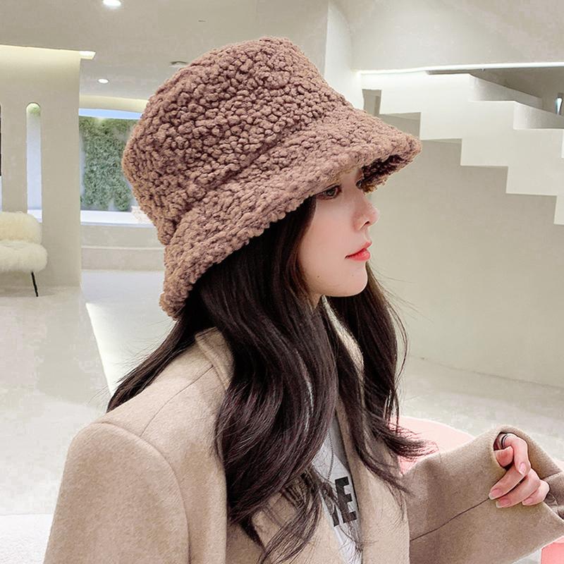 Product Introduction of Lamb Wool Bucket Hat Winter Warm Hats For Women Lady Thicken Flat Top Cap Panama Outdoor Fisherman Hat Caps Letter Embroidered Hat Fisherman Cap 56-58 cm 31