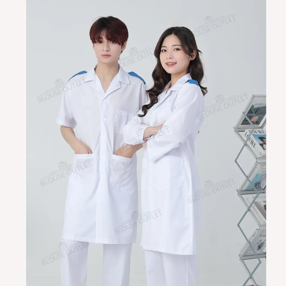 Áo choàng blouse trắng có cầu vai xanh cho sinh viên thực tập - áo blue trắng bác sỹ, dược sĩ thực tập