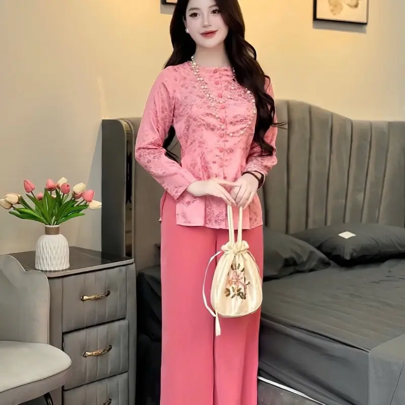 A01 - BỘ BÀ BA GẤM CỔ TRÒN CÚC BỌC TAY DÀI - 5CE 2