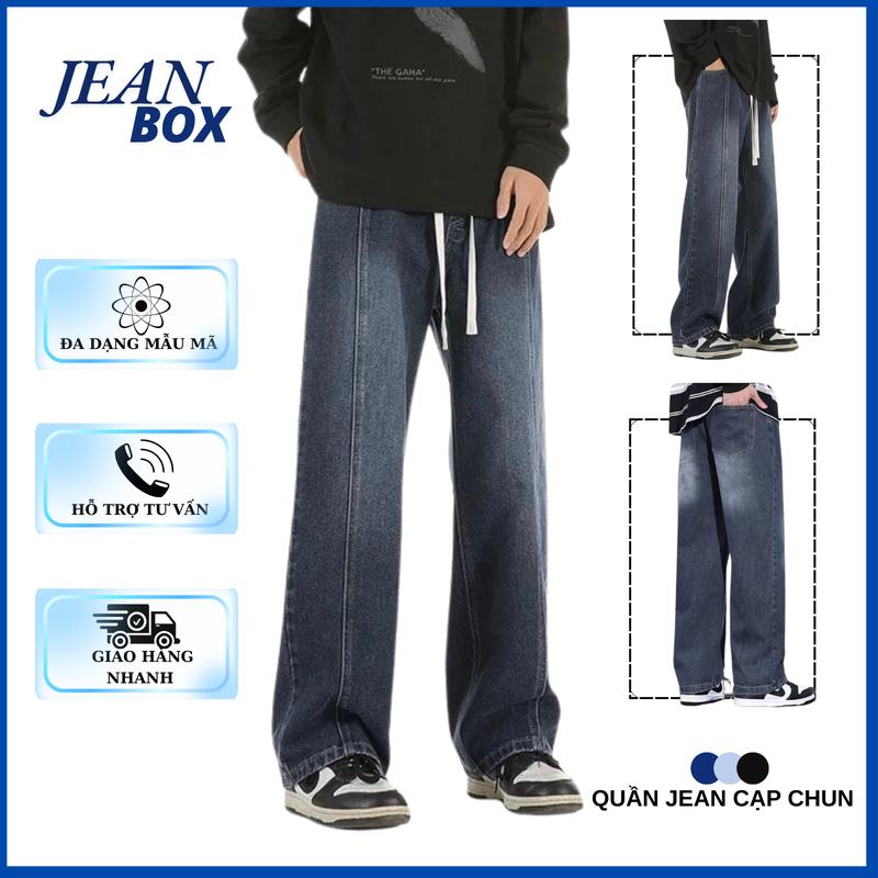 Quần jean nam nữ cạp chun màu xanh đậm JEAN BOX 03 ống rộng thiết kế kết hợp phối đường line dễ phối đồ Pants Menswear Có Túi