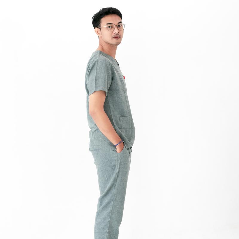 [Two Tone Collection Abu] Alloscrub/Allo scrub/Scrub Dokter / Baju Jaga Dokter / Baju OK / Baju Perawat / Dokter Lengan Pendek Warna Abu Denim Katun 1