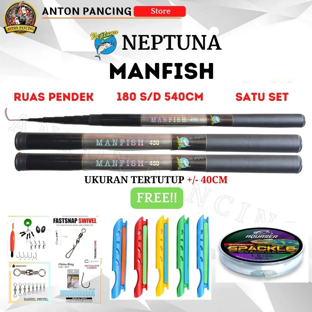 Joran Tegek Pancing 1 Set Neptuna Manfish Ruas Pendek 180 cm s/d 540cm Paket Siap Pakai Murah Kuat Japan Material Terpopuler terpopuler
