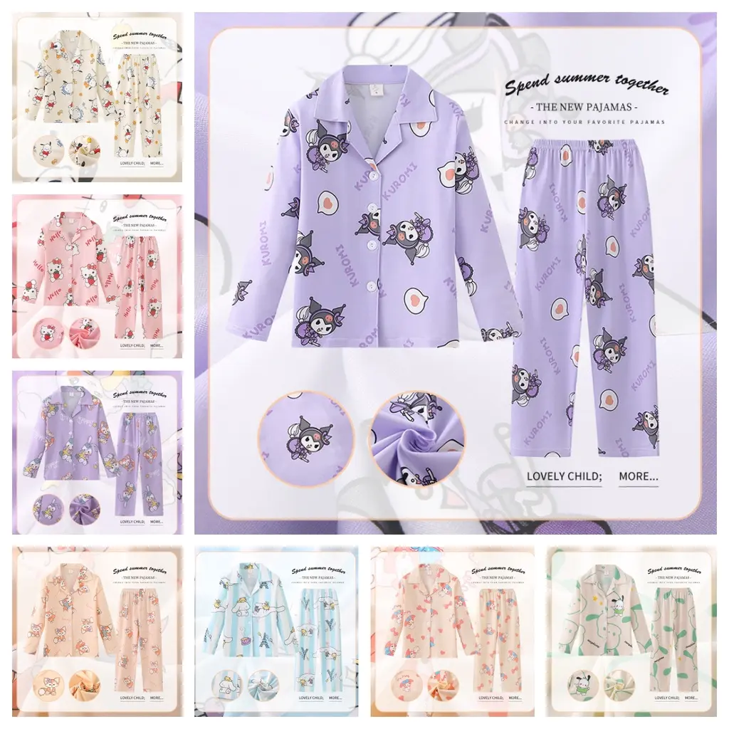 Kuromi Cinnamoroll Pajamas Shirt for Kids and Girls New Long Sleeve Spring and Autumn Pajama Shirts Thin Set Home Sleepwears for Kids