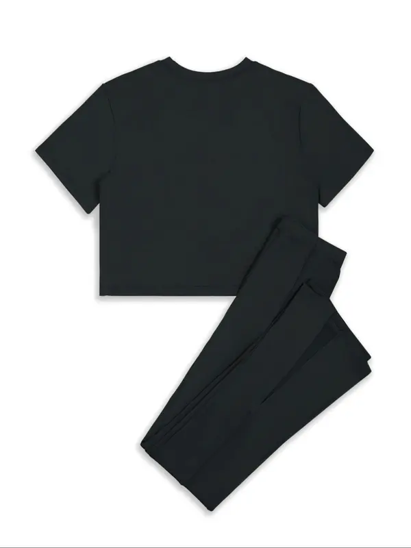 Two-piece Set Women's Solid Color Round Neck Tee & Split Hem Pants, Casual Fitted Fashion Cozy Shortsleeve Top & Elastic Waist Trousers for Daily Outdoor Wear, Ladies Clothes for All Seasons, Womenswear, Matching Clothing Set, Casual Outfit Set 7