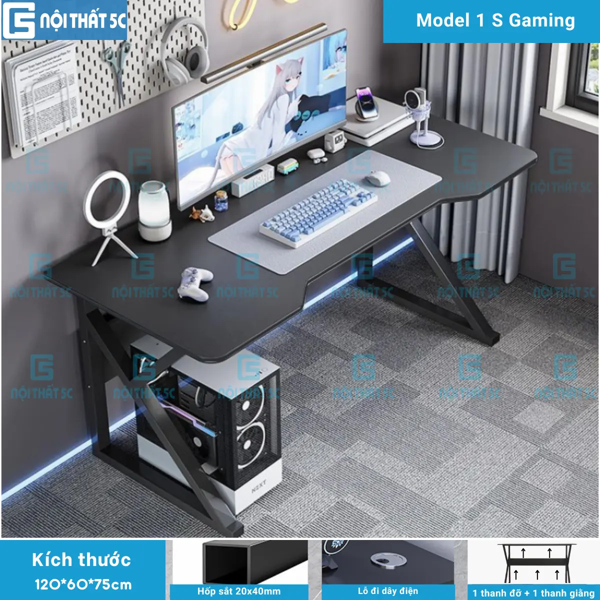 Bàn gaming, bàn làm việc Nội Thất 5C-Model 1 chân chữ K U Z sắt hộp 2x4cm sơn tĩnh điện, mặt bàn mdf phong cách gaming dày 15mm, bàn để máy tính PC học tập có 2 nắp luồn dây điện tiện lợi [NỘI THẤT 5C]