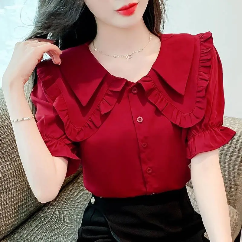 Áo Voan Ngắn Tay, Cổ Búp Bê Đôi, Dành Cho Nữ, Dáng Rộng Vừa Vặn, Thời Trang, Thanh Lịch, Áo Tay Loe, Hàng Mới Về Mùa Hè 2024 Women Top