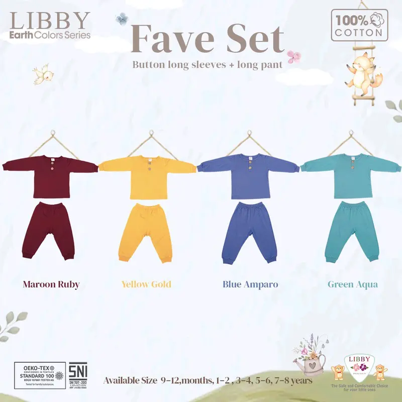 Libby fave set earth color series setelan kaos oblong lengan panjang celana panjang anak / piyama anak Katun Lengan panjang Polos 0