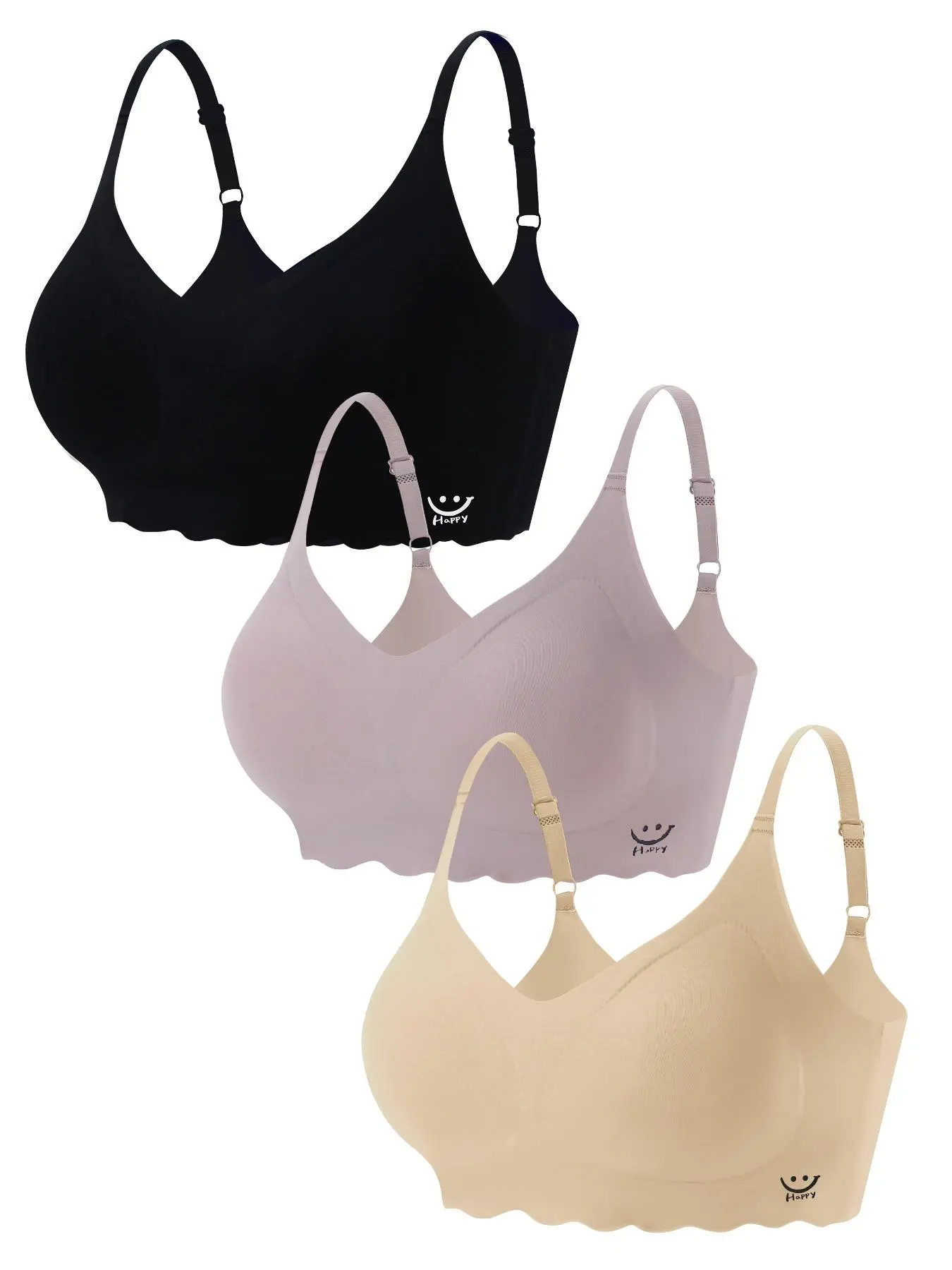 Women's Scallop Trim Adjustable Strap Wireless Bra, Soft Comfy Breathable Bra, Lingerie for All Seasons