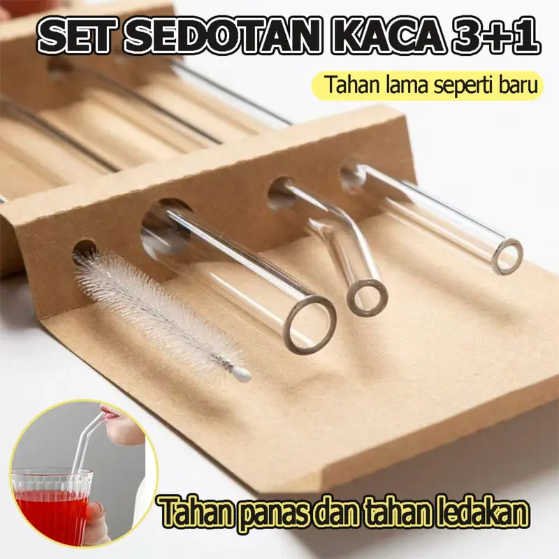 sedotan kaca bening set 4 pcs sedotan gelas transparan glass straw boba sikat sedotan food grade clear lurus bengkok estetik aesthetic eco friendly reusable 4in1 2