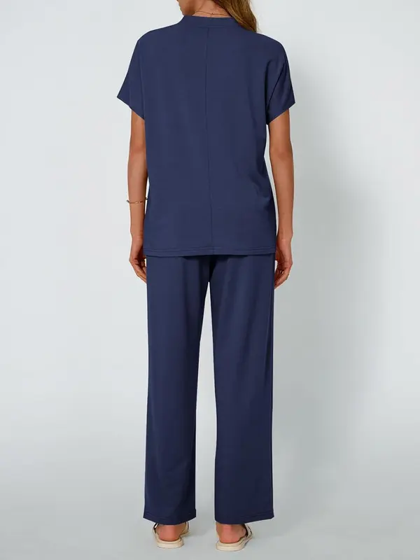 Women's Solid Color Shortsleeve Top & Pants Loungewear Two-Piece Set, Casual Comfy Short Sleeve Tee & Trousers Pajama Set, Ladies Sleepwear for Summer, Womenswear, Pjs 5