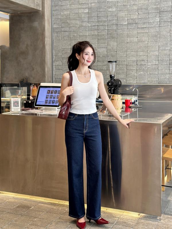 [Rede] Quần Jeans Nữ Ống Suông Rộng, Lưng Cao Màu Xanh Than Indigo, Chất co giãn nhẹ, mềm mại, hack dáng (LS-03A)