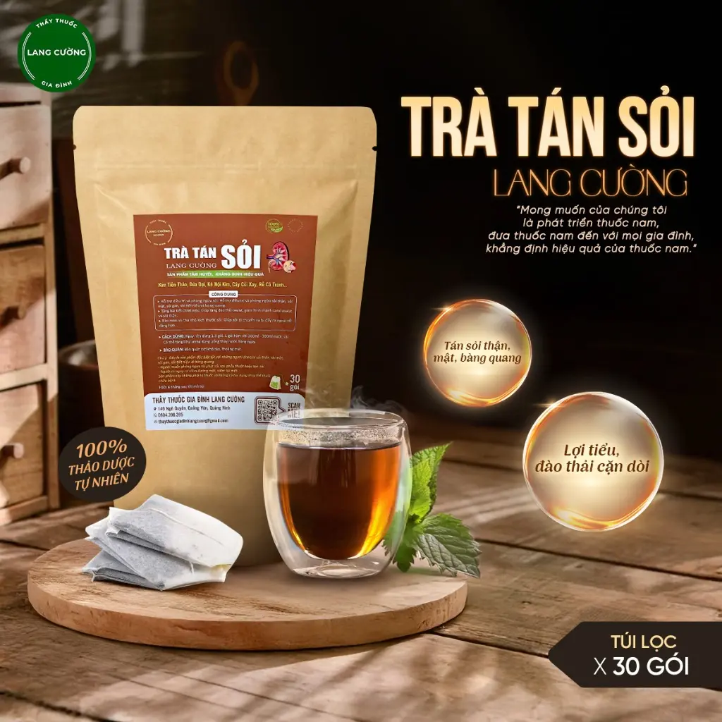 Trà tán sỏi  LANG CƯỜNG THẦY THUỐC giúp đào thải cặn sỏi, tan sỏi thận, sỏi tiết niệu, hạn chế nguy cơ tạo sỏi