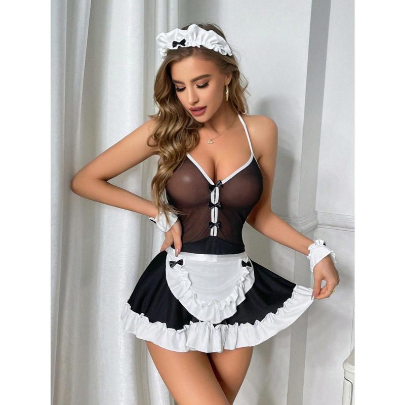 5pcs Women's Color-Block See-Through Halter Sleep Dress + Headband + Apron + Cuffs Maid-Themed Lingerie Costume Set 3