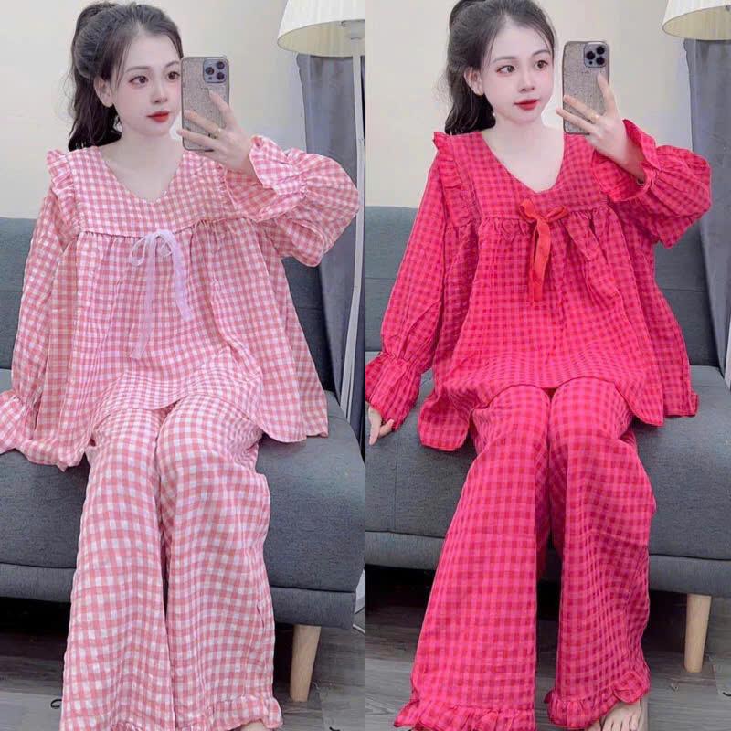 Set đồ bộ nữ babydoll họa tiết kẻ caro chất đũi xốp siêu xinh, set pijama kẻ kiểu dáng babydoll bánh bèo tiểu thư Nhung Tim