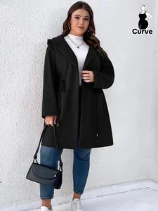 【Plus Size】 Solid Drawstring Hooded Overcoat, Casual Long Sleeve Pocket Design Outerwear for Fall & Winter, Women's Clothes for Daily Wear