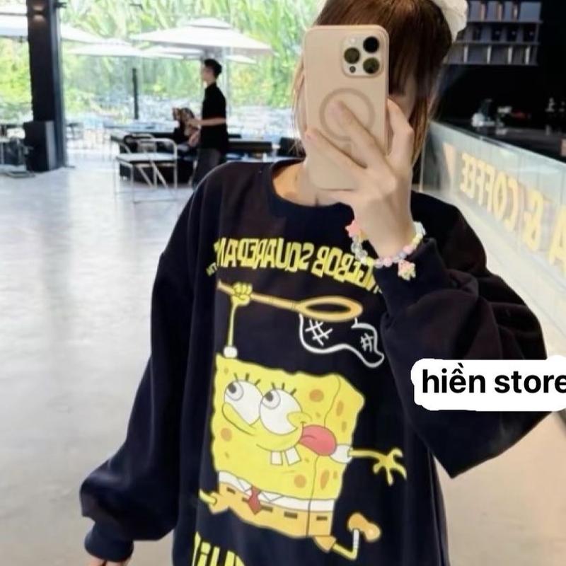 Áo sweater hoạ tiết bọt biển chất nỉ bông tàu có bo Nữ Nhung