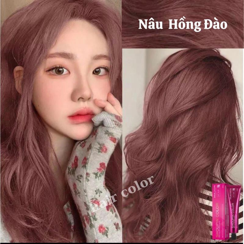 thuốc nhuộm tóc . nhuộm tóc màu nâu hồng đào , thuốc nhuộm tóc không tẩy [ tặng kèm oxy trợ dưỡng và bao tay ]