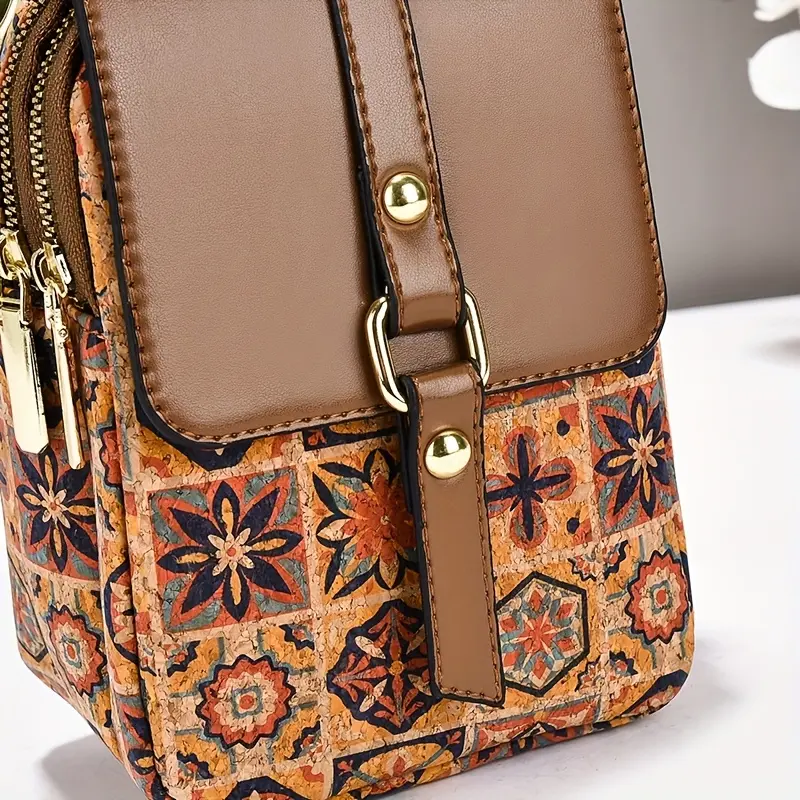 Women'S Stylish Geometric Print Shoulder Bag - Brown with Vibrant Floral & Star Design, Zipper Closure, Lightweight, Large Capacity, Perfect for Casual & Formal Occasions, Casual Shoulder Bag | Vibrant Print Bag | Durable Zipper Closure, La 7