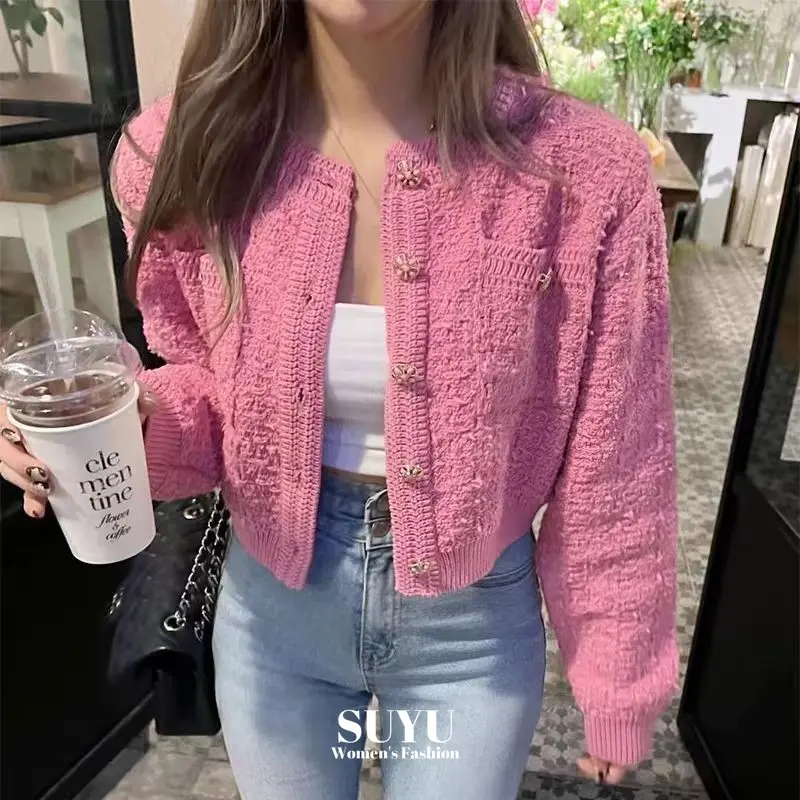 Autumn New Plaid Long Sleeve Cardigan French Style Women Short Sweater SS24