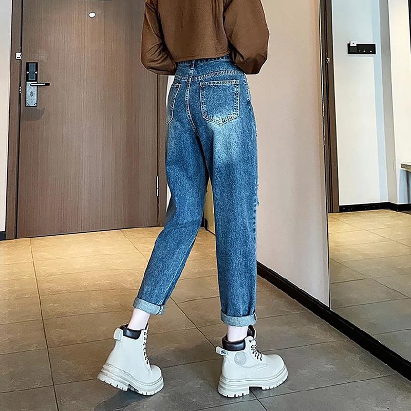 Product Introduction of Quần Jean Baggy Nữ BigSize Lưng Cao Rách bụi, Phong Cách Hàn Quốc, Màu Xanh Đá Đậm Rách 3006 3007 Lưng Chun Denim Pants Women 4
