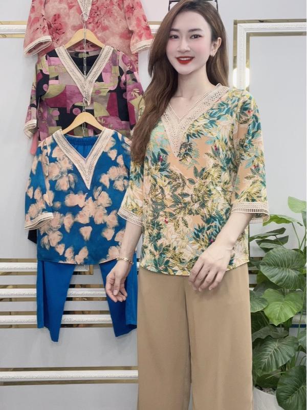 Đồ Bộ Mặc Nhà Thêu Họa Tiết Hoa Lá Thổ Cẩm Hình Khối Trung Niên Tặng Cho Mẹ - Vải Lụa Mango Size lớn Mã DB42 - Nhà May Trung Niên Quần Ngủ Dành Cho Trung Niên Không Nhăn Không Phai Màu Và Mau Khô