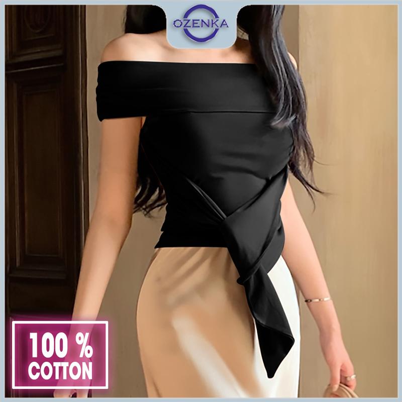 Áo croptop trễ hở vai ôm kiểu sang chảnh gợi cảm ozenka , áo crt bẹt vai mặc hè nhún eo cotton đen trắng mặc đi chơi Nữ Shirt Women Voi