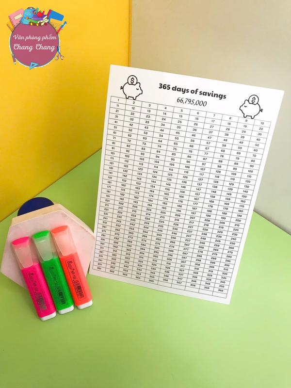 Combo 1 bảng 365 ngày tiết kiệm và 1 bút nhớ highlight màu ngẫu nhiên