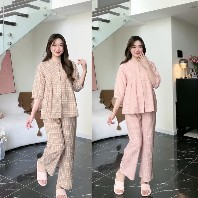 Đồ Bộ Bầu Dài Và Sau Sinh Larosa Mẫu Mới Hot Trend 2025 Thu Đông Form Gọn Gàng Và Phối Cổ Tàu Tinh Tế Kẻ Caro Thêu - LR023B - Đầm Bầu, Váy Bầu