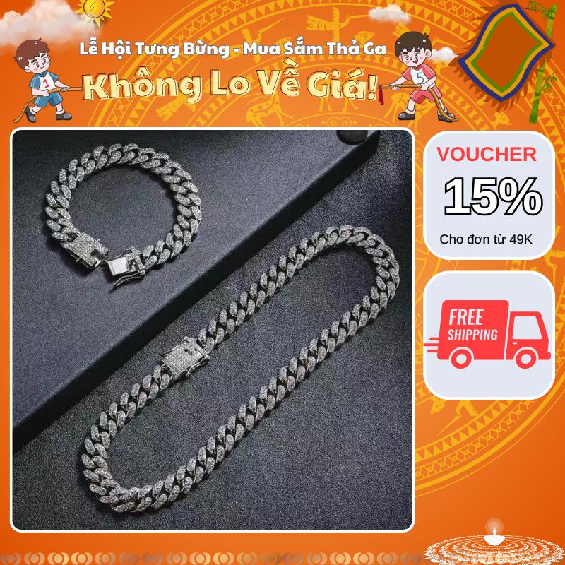 Bộ đôi Dây chuyền vòng tay cuban đính đá Kuu Clothes dạng chuỗi xích màu bạc Thép Titan Không Gỉ - VCCUBANDA + VTCUBANDA