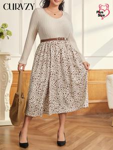 CURVZY Plus Size Ditsy Floral Print Pocket Belted A Line Dress, Casual Round Neck Long Sleeve Dress for Spring & Fall, Women's Clothes for Daily Wear